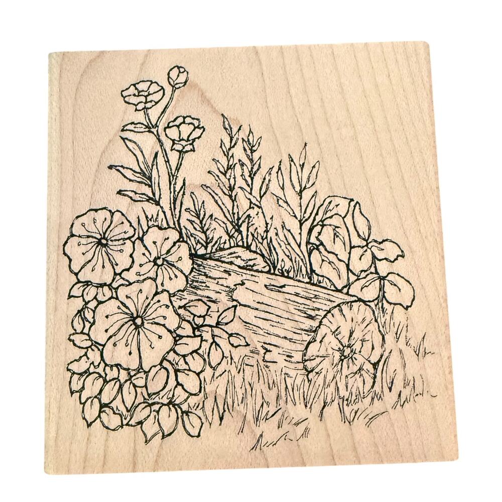 Inky Antics Nancy Baier Foliage Log Scene With Flowers M2-10462J Rubber Stamp